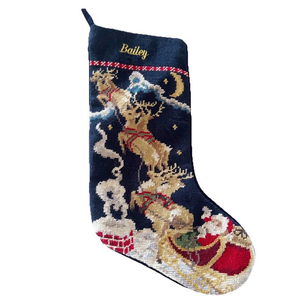 LANDS END Santa Reindeer Wool Needlepoint‎ Christmas Stocking Monogrammed Bailey